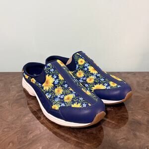Easy Spirit Travel Time Mules Shoes‎ Navy Yellow Flowers 10M